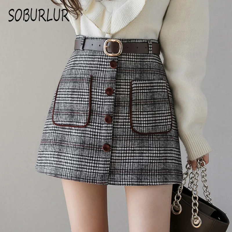 

SOBURLUR 2021 Spring Autumn Hairy Wool yarn Women's Mini Skirts Female Clothing Vintage Preppy Style Girls Lady Korean Fashion