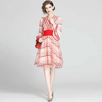 COIGARSAM Embroidery Spring High Waist Stretch Mesh V-Neck Dresses Pink 6590
COIGARSAM Embroidery Spring High Waist Stretch Mesh V-Neck Dresses Pink 6590