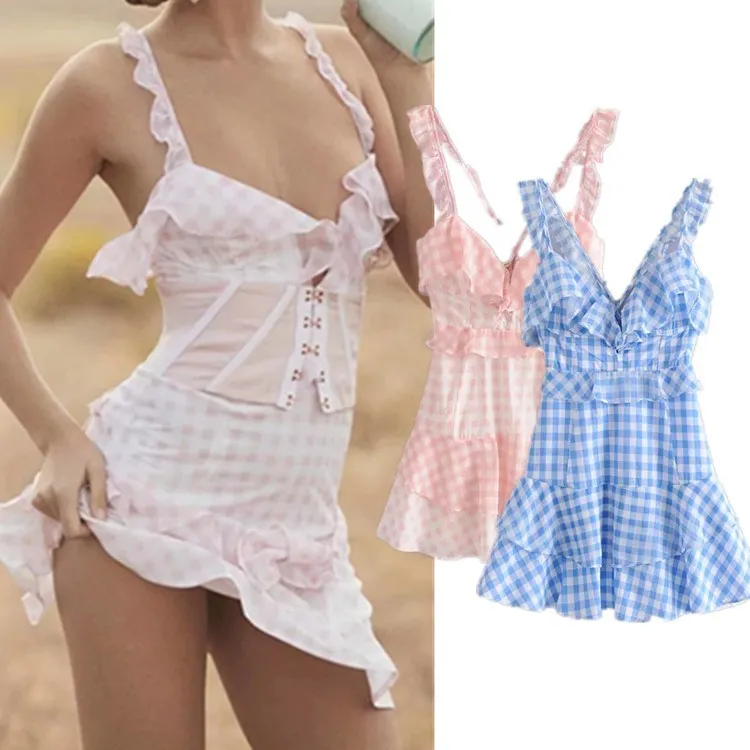 Nice Summer Women V Neck Sleeveless Dress Elegant Bandage Backless Mini Dress Plaid Ruffle Sexy A-Line Dress
Nice Summer Women V Neck Sleeveless Dress Elegant Bandage Backless Mini Dress Plaid Ruffle Sexy A-Line Dress