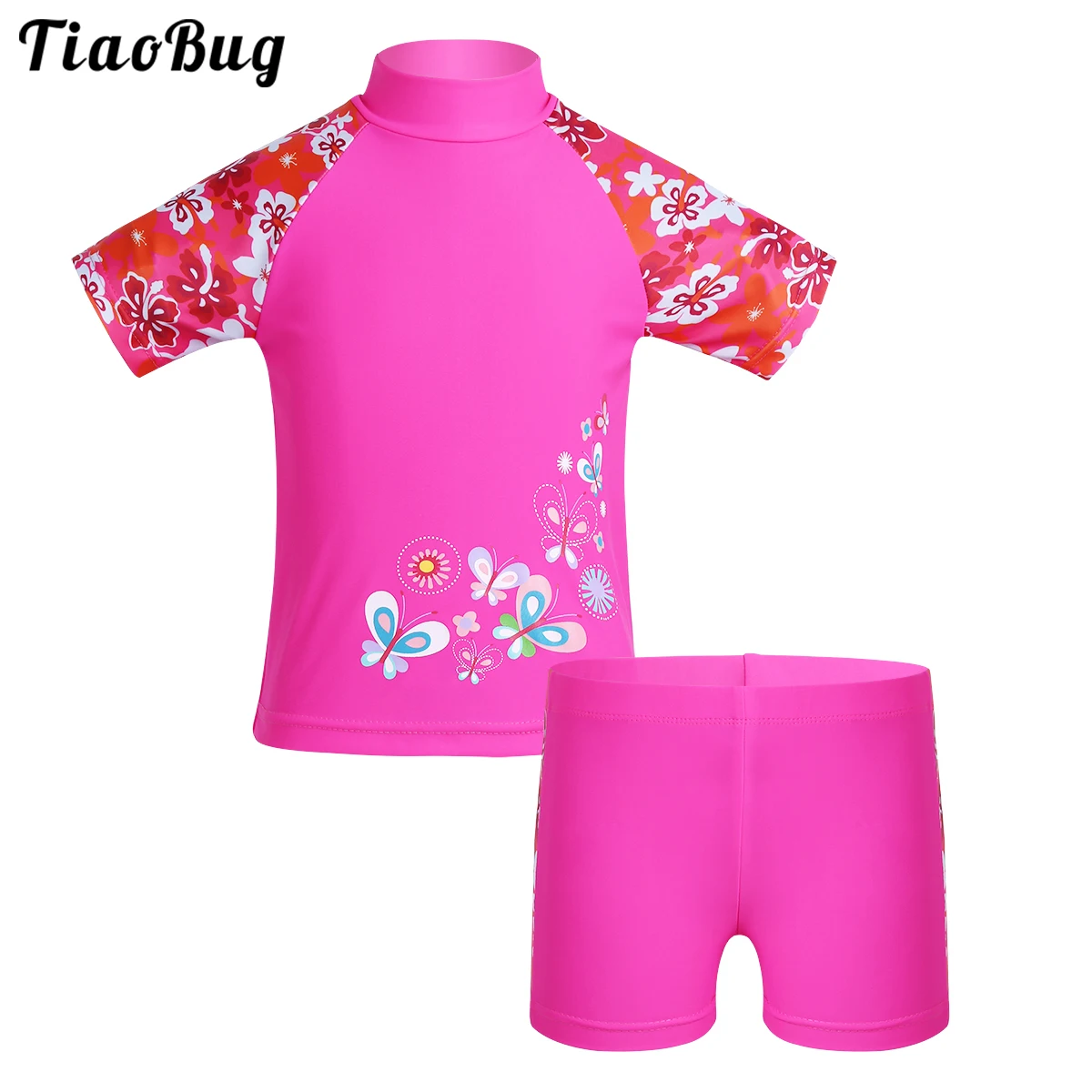 

TiaoBug 2Pcs Girls Tankini Floral Printed Swimsuit Swimwear Set Short Sleeve Stand Collar Tops With Bottoms Bathing Suit