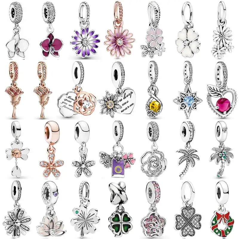 

New 925 Sterling Silver Charm Rose Clover & Ladybird Orchid Daisy Flower Palm Tree Pendant Bead Fit Popular Bracelet Diy Jewelry