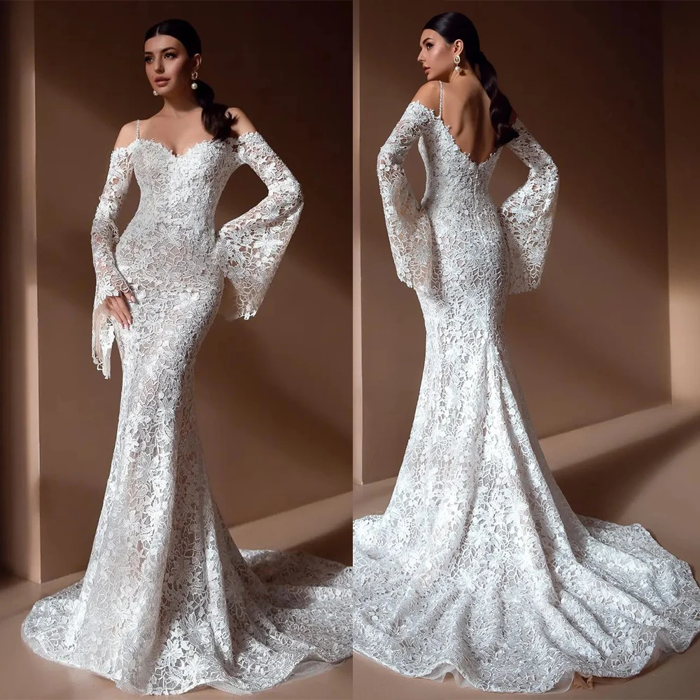 Elegant Full Appliques Mermaid Flare Sleeves Wedding Dress Sexy Backless Sweep Train Custom Made Bridal Dresses Robe De Mariée
Elegant Full Appliques Mermaid Flare Sleeves Wedding Dress Sexy Backless Sweep Train Custom Made Bridal Dresses Robe De Mariée