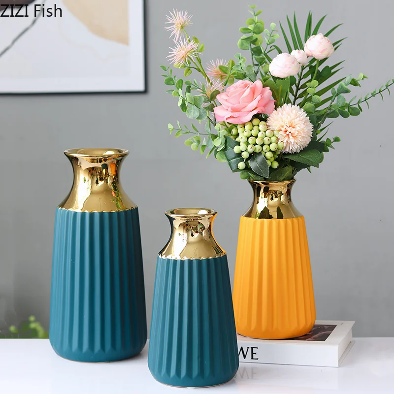 

Ceramic Vase Golden Stripes Splicing Modern Home Decoration Flower Vase Flower Arrangement Hydroponic Accessories Wedding