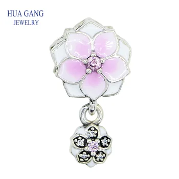 

925 Sterling Silve Charm Magnolia Bloom Pale Cerise Pink & CZ Bracelet Fits Pandora Charms Bracelet DIY 792077PCZ