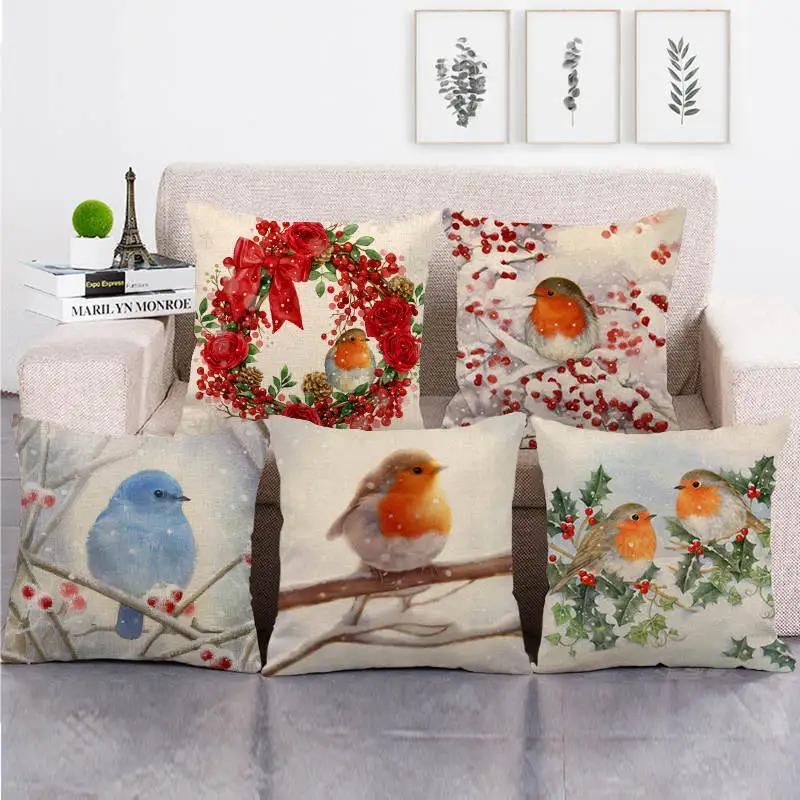 

45cm*45cm Christmas winter bird design linen cotton pillow covers sofa pillow case cushion cover