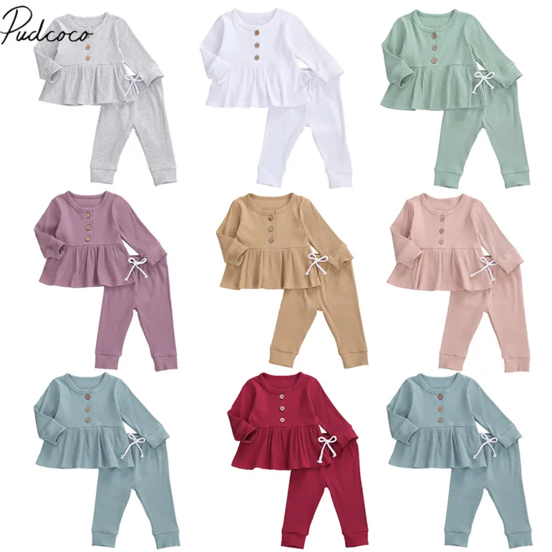 2Pcs Toddler Outfits, Solid-Color Ribbed O-Neck Long-Sleeves Top with Ruffle Hem + Drawstring-Waist Pants Baby Girls
2Pcs Toddler Outfits, Solid-Color Ribbed O-Neck Long-Sleeves Top with Ruffle Hem + Drawstring-Waist Pants Baby Girls