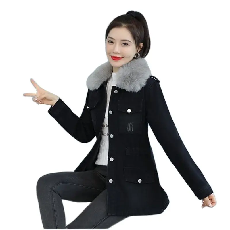

Winter New Denim Women Jacket Add Velvet Add Thick Cold Protection Keep Warm Slim Ladies Overcoat Mid-Long Female Cotton Coats