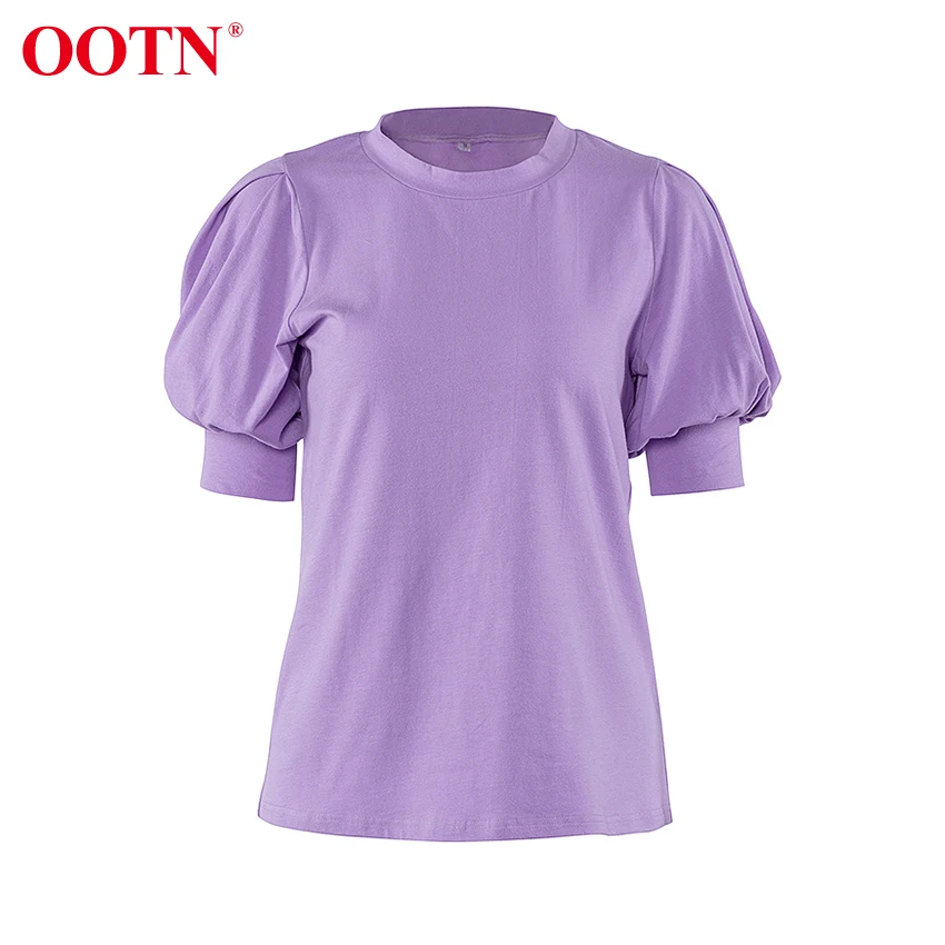 OOTN Elegant Purple T-Shirt Women Puff Sleeve Top Tshirt Ladies Office Work Casual O Ncek Solid Spring Summer Tee T Shirt Femme