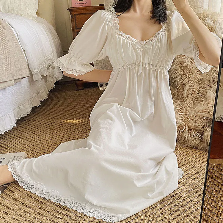 Фото Ночная одежда летнее платье для сна белая хлопковая ночная рубашка винтажная