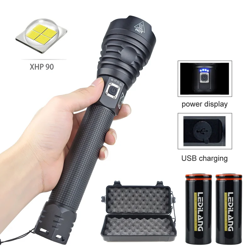 Super powerful LED flashlight USB rechargeable torch XHP90 led flash light 18650 or 26650 hand lamp XHP90.2 camping lantern
Super powerful LED flashlight USB rechargeable torch XHP90 led flash light 18650 or 26650 hand lamp XHP90.2 camping lantern