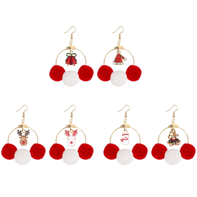 Рождественские женские серьги асимметричные круглые золотистые полые красные