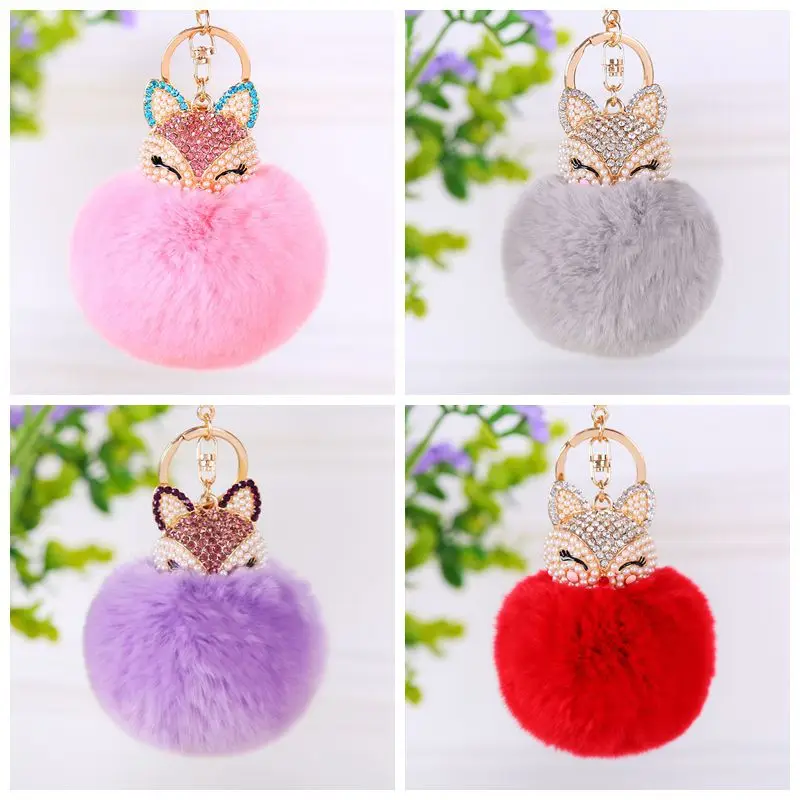 

Pompom fake rabbit fur ball keychain women alloy Rhinestone fox key chain car key ring bag pendant keychains gift porte clef