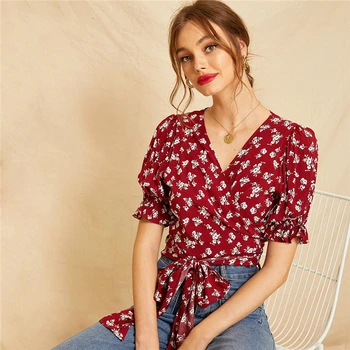 

Burgundy V Neck Ditsy Floral Tie Wrap Boho Blouse Shirt Women Crop Top 2019 Summer Puff Sleeve Holiday Ladies Shirts