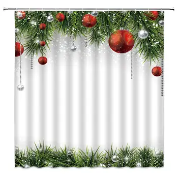 

Christmas Shower Curtain, Classical Christmas Ornaments and Baubles Coniferous Pine Tree Twig Tinsel Print, Fabric Bathroom