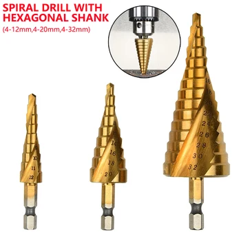 4-12/20/32mm Step Drill Bit HSS Titanium Coated Step Cone Metal Hole Cutter Metal Hex Tapered Drill Power Tools Accessories
4-12/20/32mm Step Drill Bit HSS Titanium Coated Step Cone Metal Hole Cutter Metal Hex Tapered Drill Power Tools Accessories