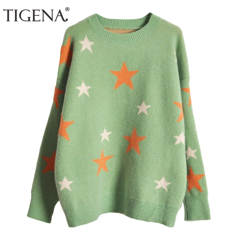 TIGENA Beautiful Stars Big Size Sweater Women Jumper 2019 Autumn Winter Loose Oversize Knit Pullover Female Green Yellow | Женская