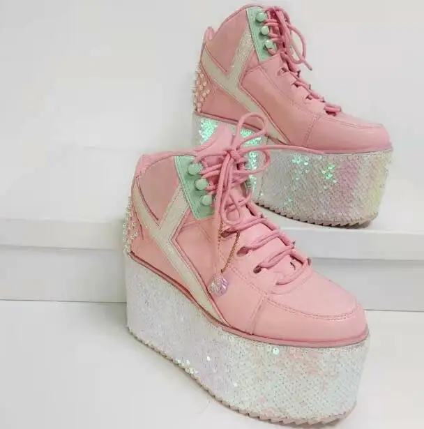 

Retro Pink Color 9 cm Height Increasing Thick Sole Platform Wedge Shoes Woman Retro Pearls Sequins Patchwork Lace Up Sneakers