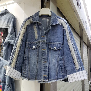 Vintage Holes Cowboy Short Jacket Student Loose Jeans Coat Women's Beading Tassel Loose-Fit Long-sleeved Jean Jackets Outwear
Vintage Holes Cowboy Short Jacket Student Loose Jeans Coat Women's Beading Tassel Loose-Fit Long-sleeved Jean Jackets Outwear