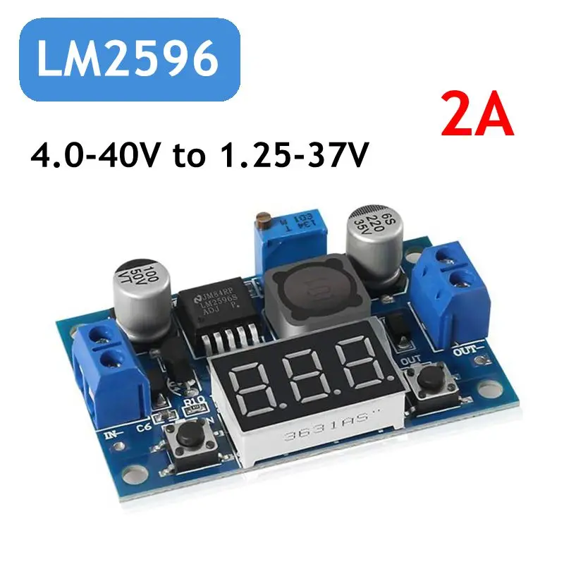 

LM2596 Adjustable Voltage Regulator 4.0-40V to 1.25-37V DC 36V 24V 12V to 5V 2A Step-Down Power Module + Red Voltmeter Display