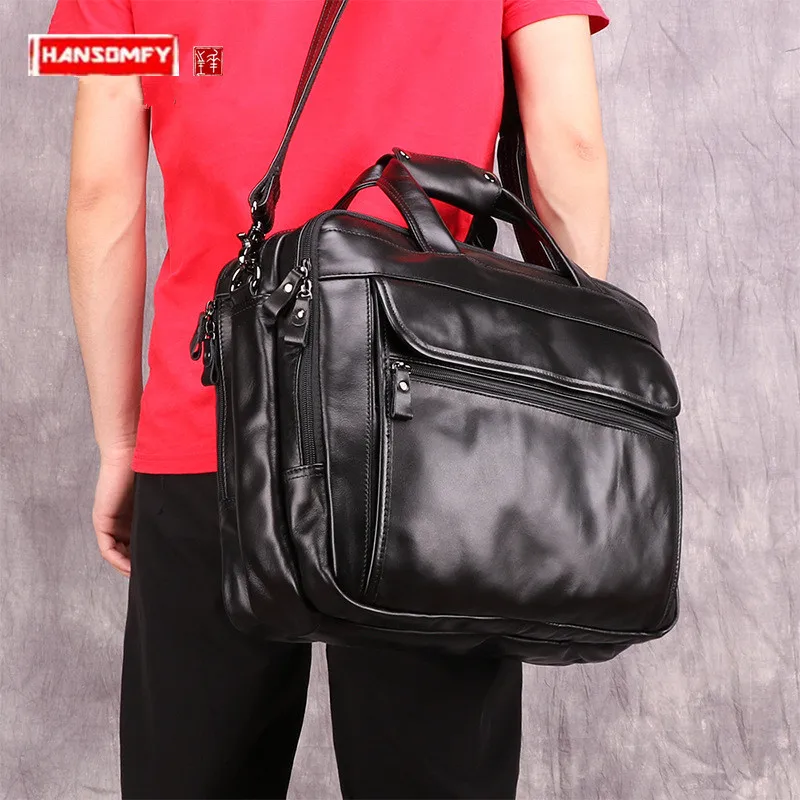 

Business Fashion Men's Briefcase Retro Genuine Leather Men Handbag 15.6-inch Laptop Bag Multi-function Male Messenger Bags