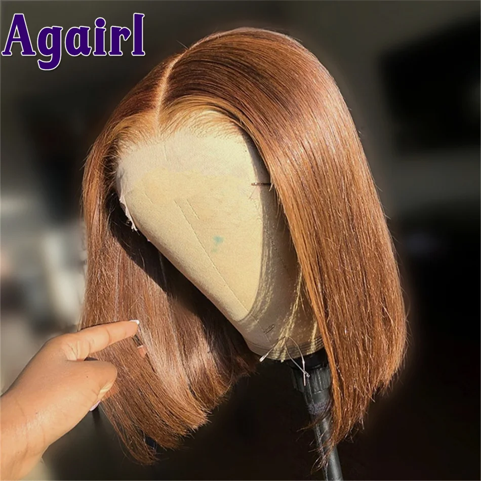 

Ginger Brown Straight Short Bob Lace Front Wig Transparent 13x4 Lace Frontal Human Hair Wigs for Women PrePlucked 180% Density