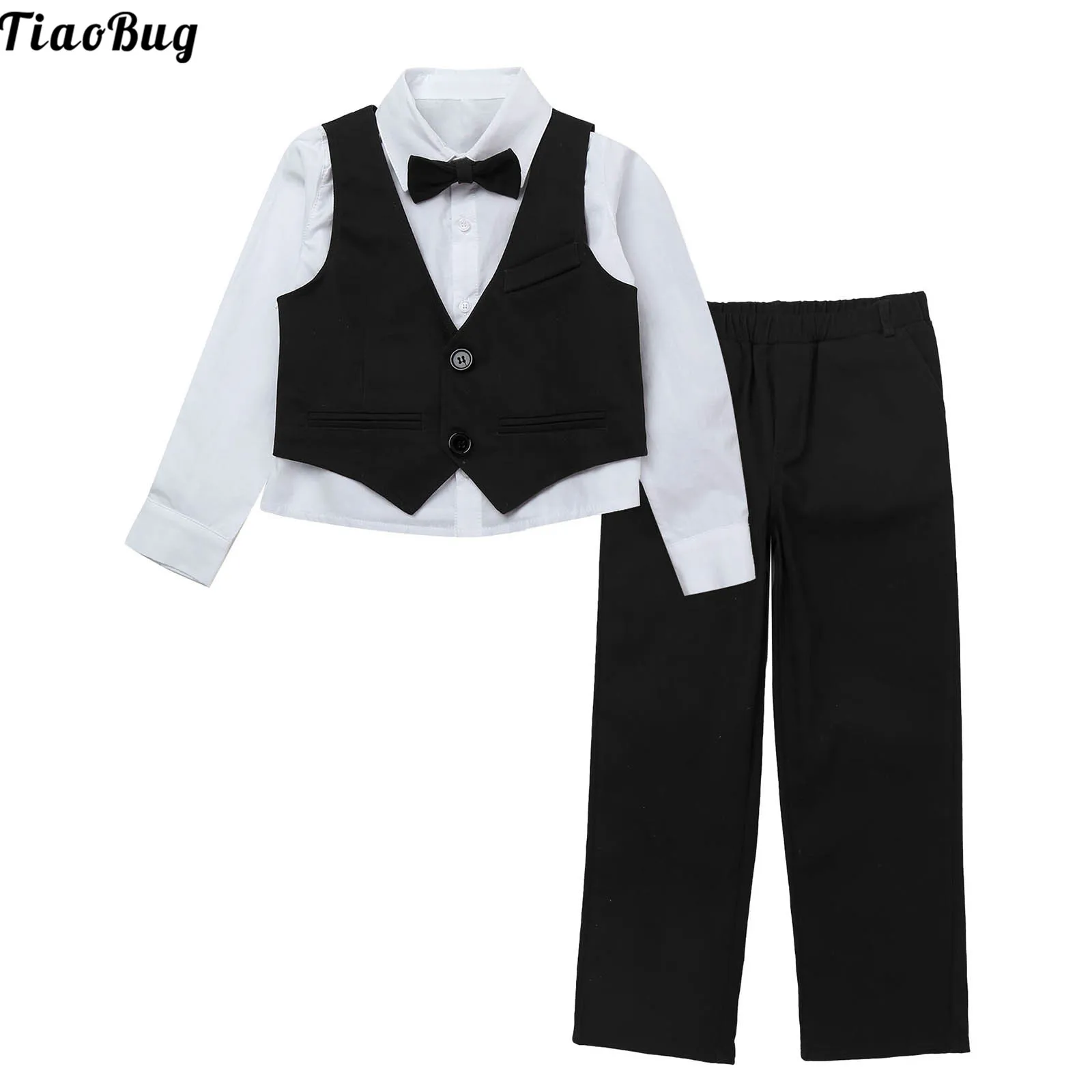 

TiaoBug 4Pcs Kids Boys Suits Long Sleeve Shirt Sleeveless Single-Breasted Vest Pant With Bowknot Set For Wedding Birthday Party