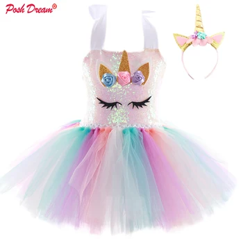 

POSH DREAM Little Child Pony Dress Unicorn Birthday Tutu Dress for Girls Unicorn Dress Sequin Top Pastel Clothing Kids Christmas