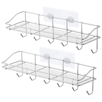 Shower Caddy, Stainless Steel Wall Mounted Bathroom Shelf with 6 Hooks and Adhesive, Storage Organizer for Toilet,2 Pack