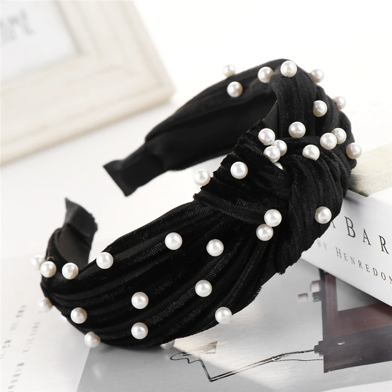 Bohemian Pearl Velvet Braided Headband For Women Rhinestone Knot Hairband Turban Handmade Padded Crown Accessories 1111