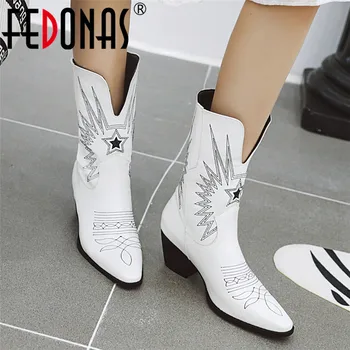 

FEDONAS Big Size Female Western Boots Synthetic Leather Women Mid-Calf Boots High Heels Night Club Shoes Woman Chelsea Boots