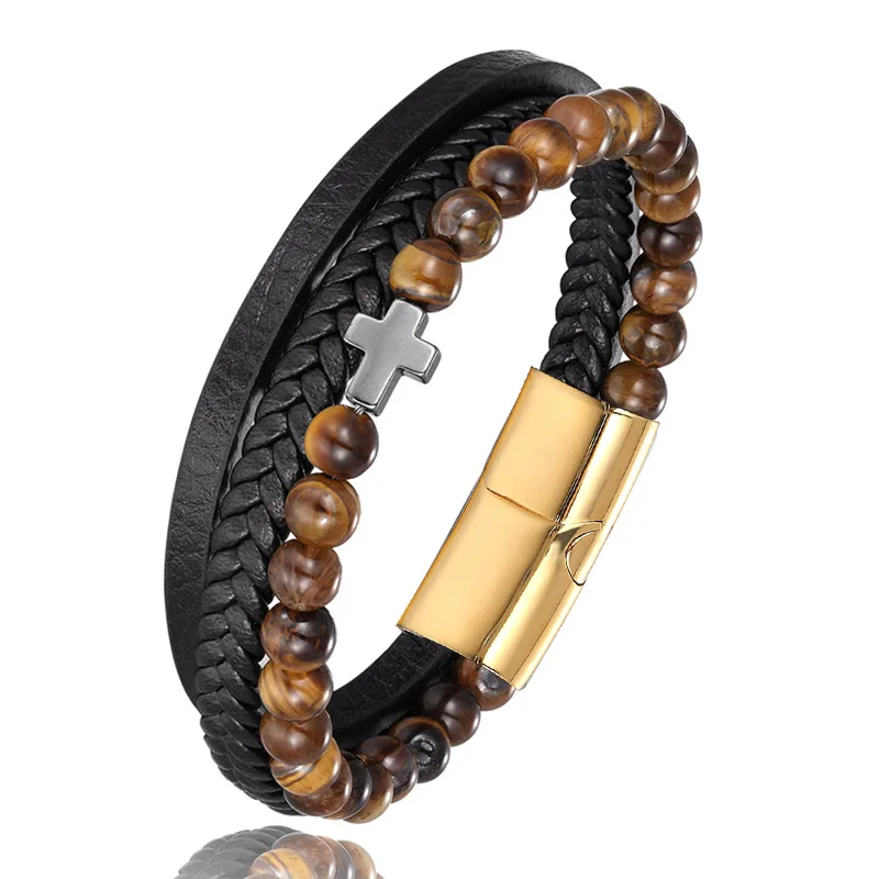 Hot Stainless Steel 6MM Natural tiger eye Beads Bracelet Cross Multi-layer Leather Stainless Steel Bracelet Women Men Wrist Band
Hot Stainless Steel 6MM Natural tiger eye Beads Bracelet Cross Multi-layer Leather Stainless Steel Bracelet Women Men Wrist Band