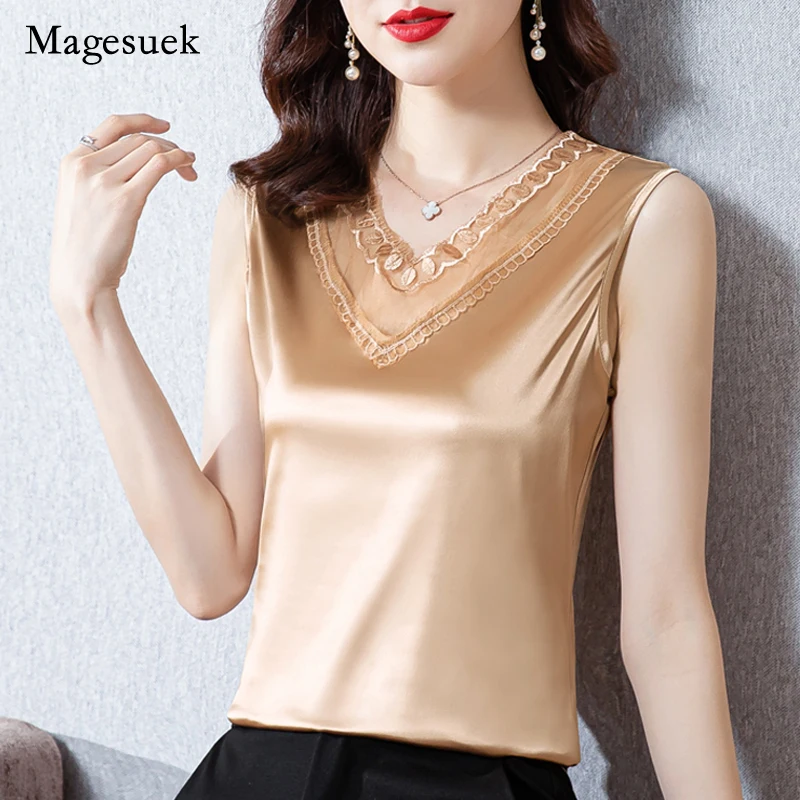 

New Women Summer embroidery Satin Blouse V-neck Solid Tops for Women Plus Size Elegant Office Lady Loose Silk Blouse Blusa 15114