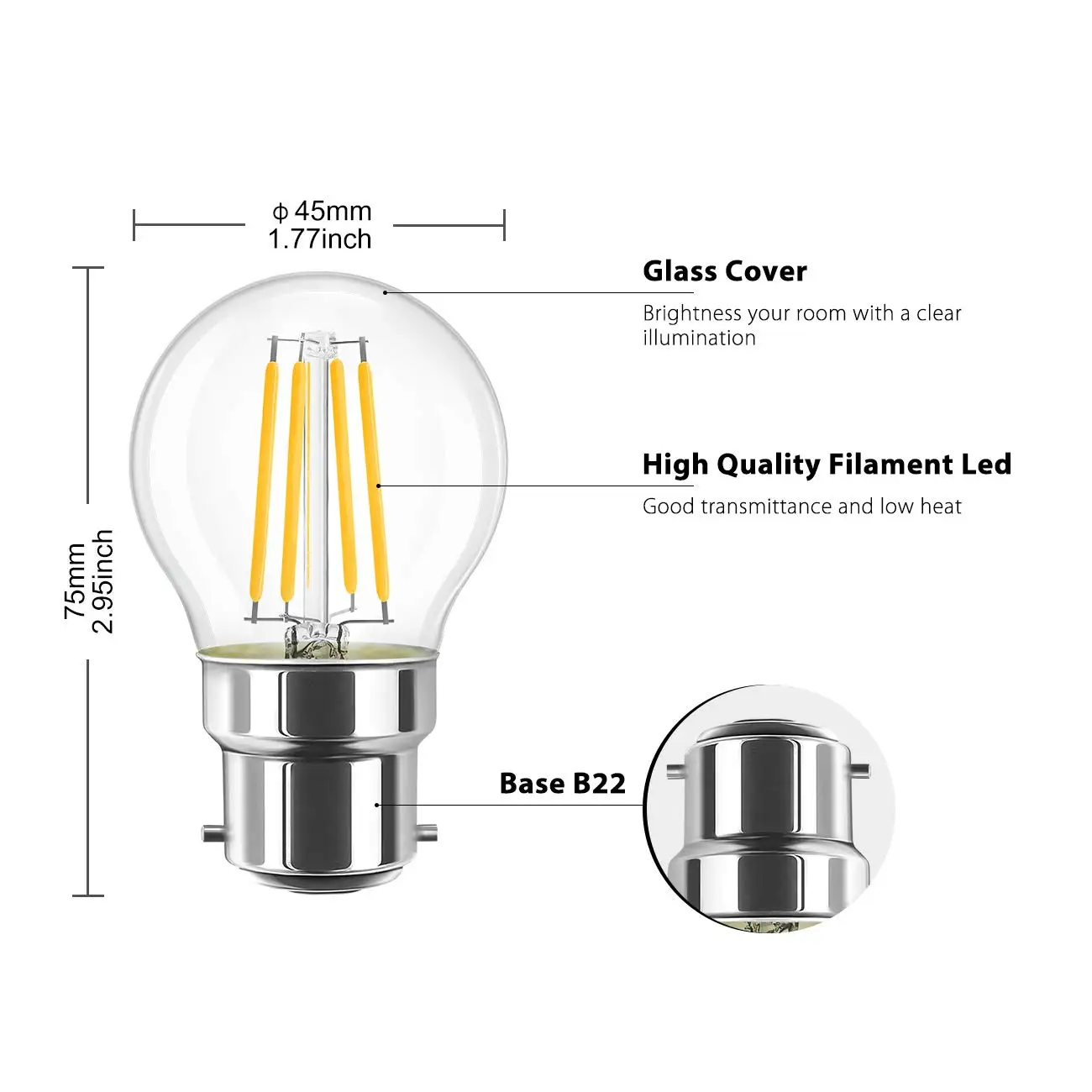 Светодиодсветильник лампа накаливания B22 4 Вт с байонетным разъемом G45 2700K замена