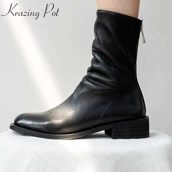 

krazing pot pleated sheep leather round toe thick med heels high street fashion runway brand shoes handmade mid-calf boots l58
