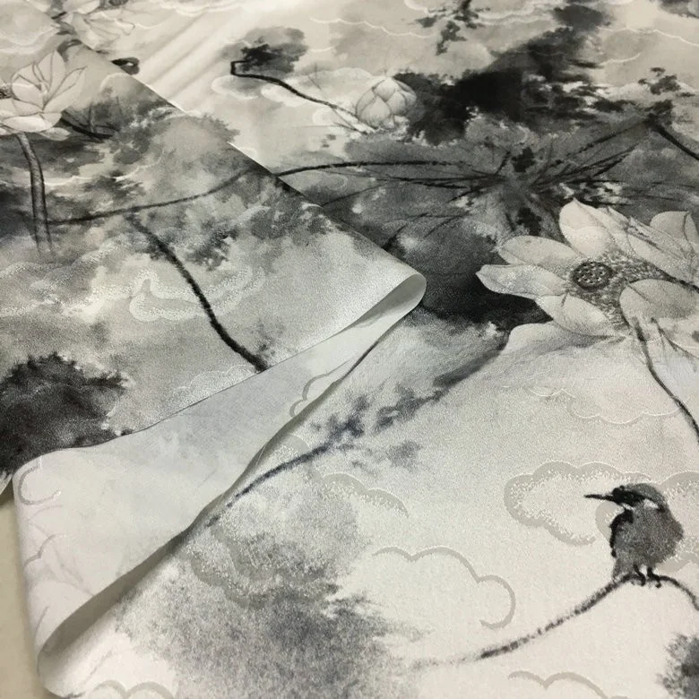 Żakardowa tkanina z nadrukiem cyfrowym - motyw kwiatów wody i ptaków, naturalny jedwab - sukienka cheongsam - Wianko - 11