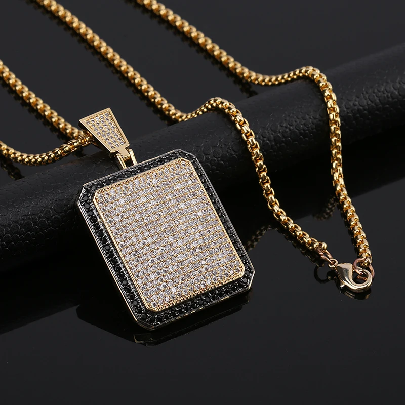 

Men's Pendant Filled Iced Out Zircon Gold Color Charm Square Dog Tag Necklace With Cuban Chain Hip Hop Jewelry