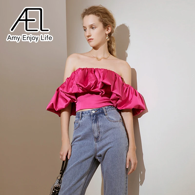 

AEL Off Shoulder Crop Tops Ruffle Women Summer Short Sleeve Lady Sexy Slash Neck Strapless Blouse Rose Red And White