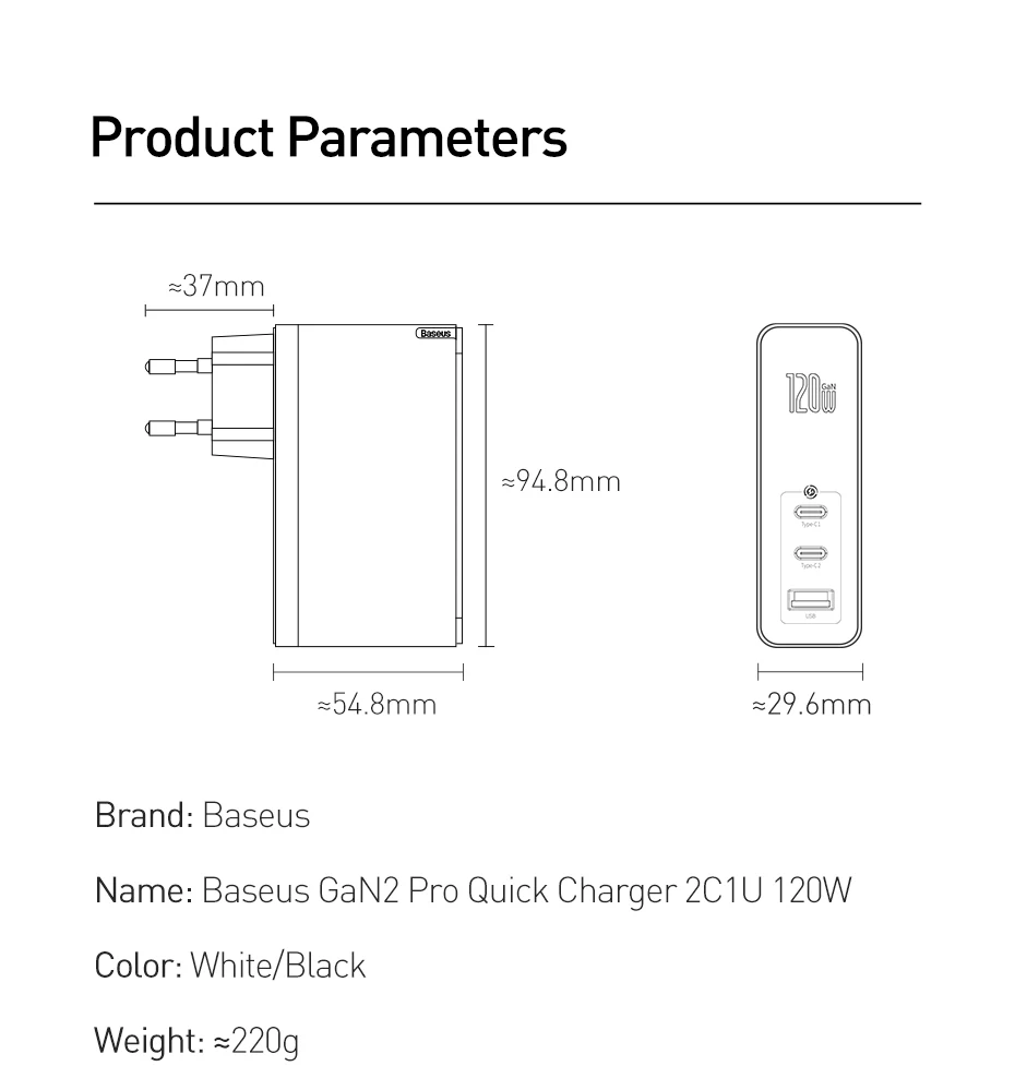 Baseus 120W GaN USB Charger QC4.0 QC3.0 PD3.0 Quick Charging For iPhone11 Pro XS USB PD Fast GaN Charger For Laptop Tablet