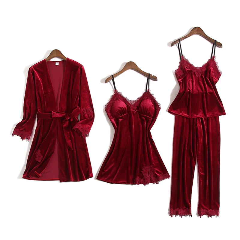 Gold-Velvet-Pajamas-For-Women-4-Pieces-Winter-Suit-Home-Clothes-Woman-Sexy-Lace-Robe-Pajamas(3)