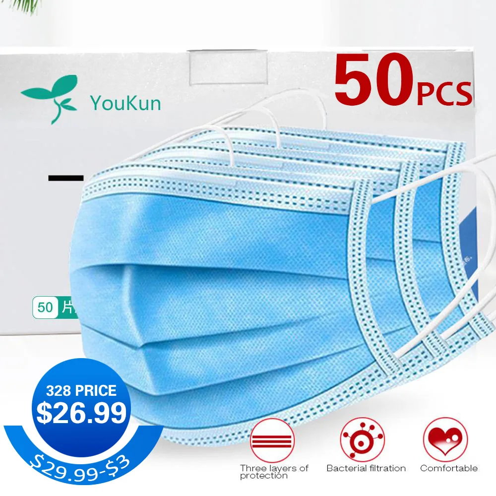 50 Pcs 3 Layer Mask Dust Protection Masks Face Masks Elastic Ear Loop Dust Filter Safety Mask
50 Pcs 3 Layer Mask Dust Protection Masks Face Masks Elastic Ear Loop Dust Filter Safety Mask