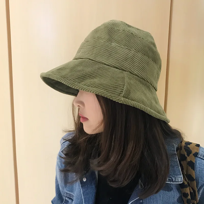 2020 Corduroy Tweed Bucket Hat Women Panama Winter Solid Japanese Streetwear Folding Sunscreen Big Wide Visor Vintage Flat Hat-8 |