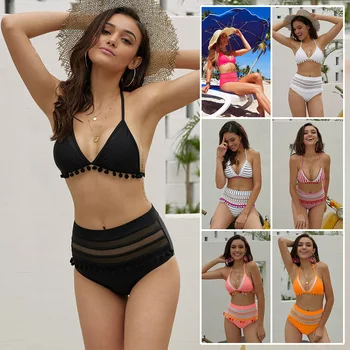 Sexy Triangle Bikinis Set Boho Pom Pom Mesh Insert String Push-Up High Waist Swimwear Women Black White
Sexy Triangle Bikinis Set Boho Pom Pom Mesh Insert String Push-Up High Waist Swimwear Women Black White
