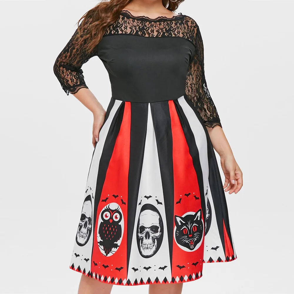 

Vestido de mujer suelto Retro cráneo cabeza negro gato búho impresión gran tamaño manga larga Halloween Panel de encaje Halter Mini vestido 숙 녀 드레스