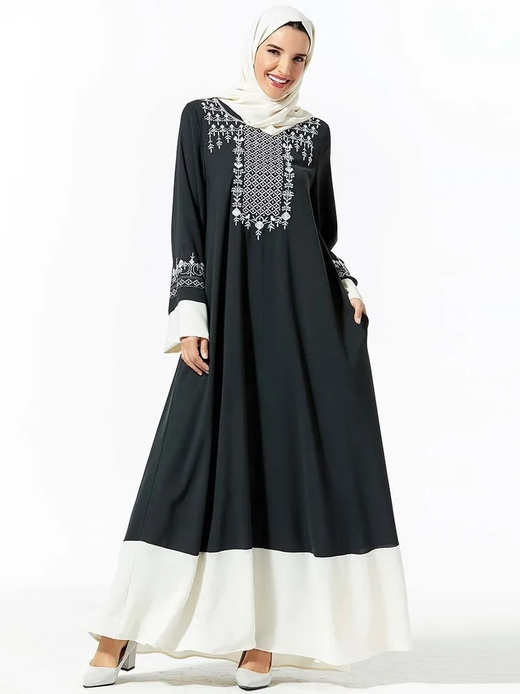 Muslim Women Dress Plant Embroidery Abayas Splicing Contrast Color Pocket Arab Long Skirt (Excluding Headscarf) Musulam Thobe |