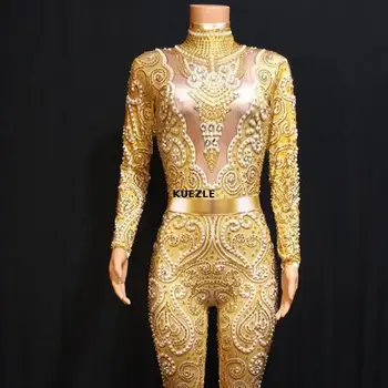 Rhinestones Female singer DjDs guest gogo sexy fake exposed meat golden rhinestone long sleeve one-piece trousers stage costumes 
Rhinestones Female singer DjDs guest gogo sexy fake exposed meat golden rhinestone long sleeve one-piece trousers stage costumes