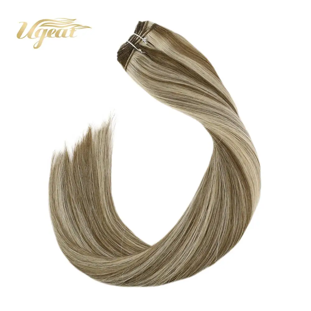 

Ugeat Sew in Weft Human Hair Extensions Highlight Blonde Color Hair 14-24" Non-Remy Brazilian Hair Double Drawn Soft Hair 100G