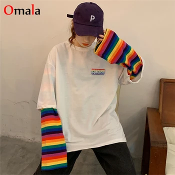 2020 autumn Korean Patchwork T Shirt Fake Two Pieces Rainbow Striped Long Sleeve Casual oversized T-shirts O-neck Women Top Tees
2020 autumn Korean Patchwork T Shirt Fake Two Pieces Rainbow Striped Long Sleeve Casual oversized T-shirts O-neck Women Top Tees