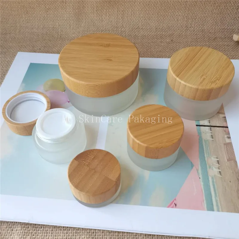 

wholesale cosmetic containers 5g 15g 30g 50g Empty Frosted Glass Bamboo Lid Jars Wooden Face Cream Jar Face Cream Container