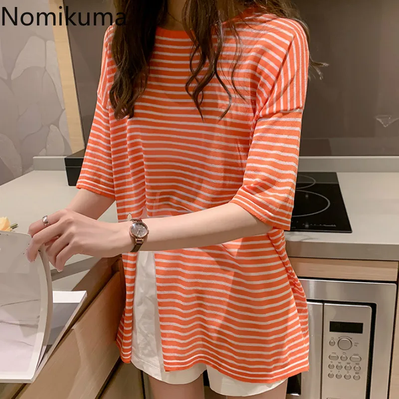 Nomikuma корейский стиль с круглым вырезом коротким рукавом полосатые футболки