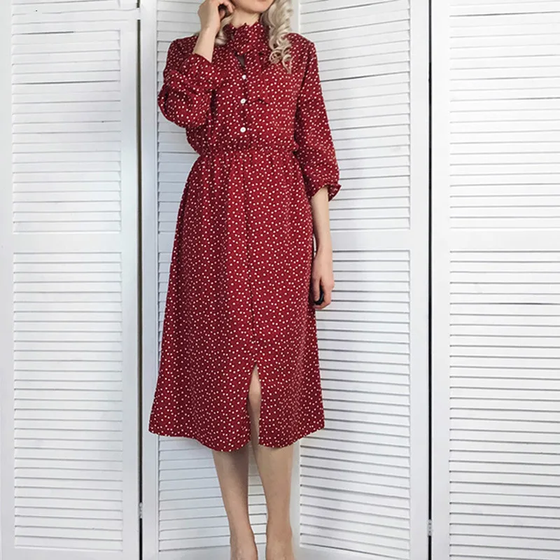 Elegant Stand Collar Polka Dot Women Dress Flare Sleeve Side Split Female Dress 2019 Autumn Women Midi Vestidos
Elegant Stand Collar Polka Dot Women Dress Flare Sleeve Side Split Female Dress 2019 Autumn Women Midi Vestidos